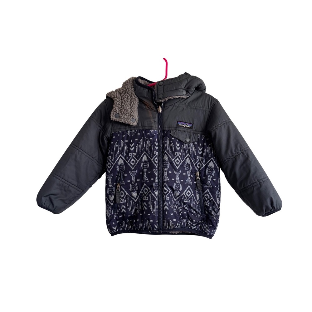 As Is Patagonia Toddler 3T Blue Tribal Fish Print Fleece Lined Puffer Jacket